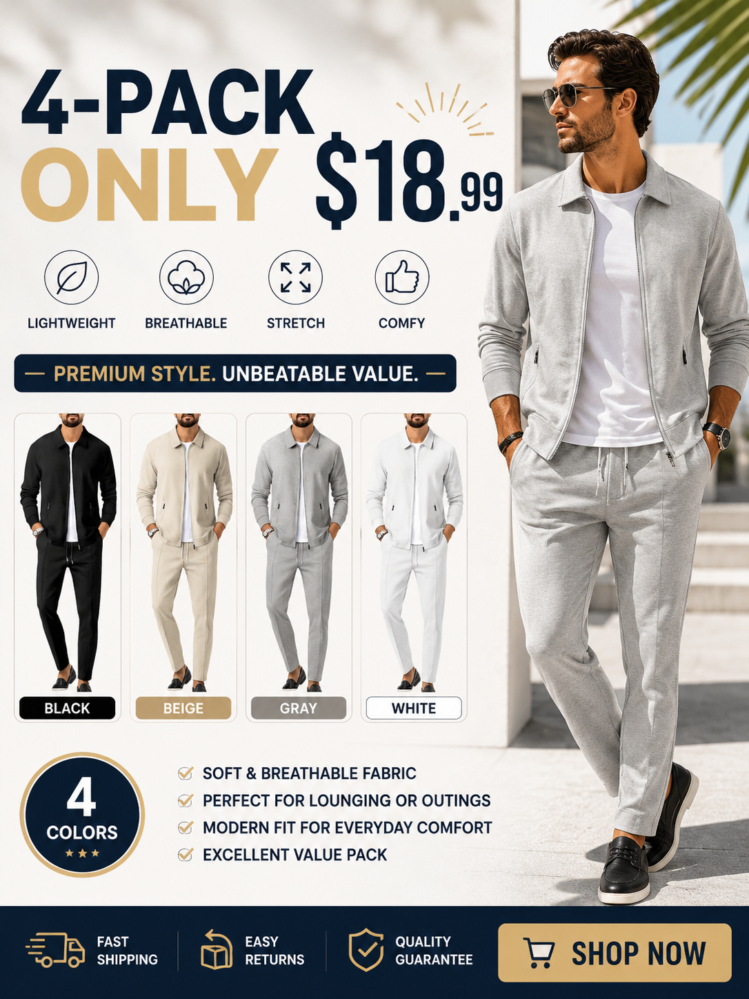 Men's 2-Piece Plain Zip-Up Jacket & Drawstring