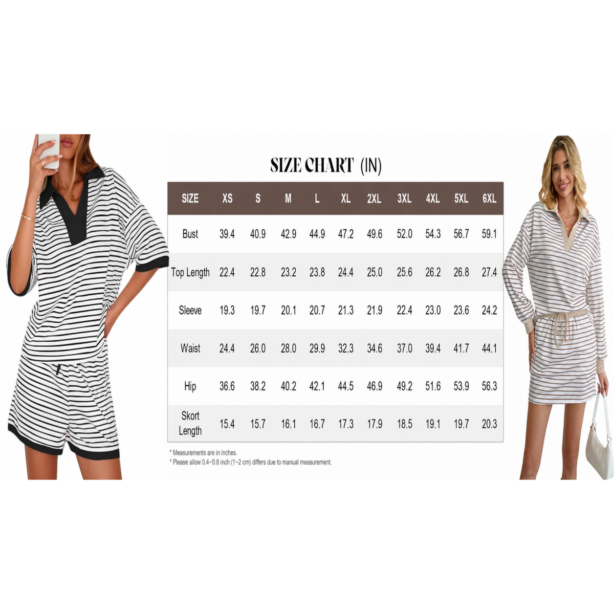 Women's Striped Two-Piece Set: Polo-Collar V-Neck Short-Sleeve Top and Drawstring-Waist Mini Skirt — A Versatile, Casual Set