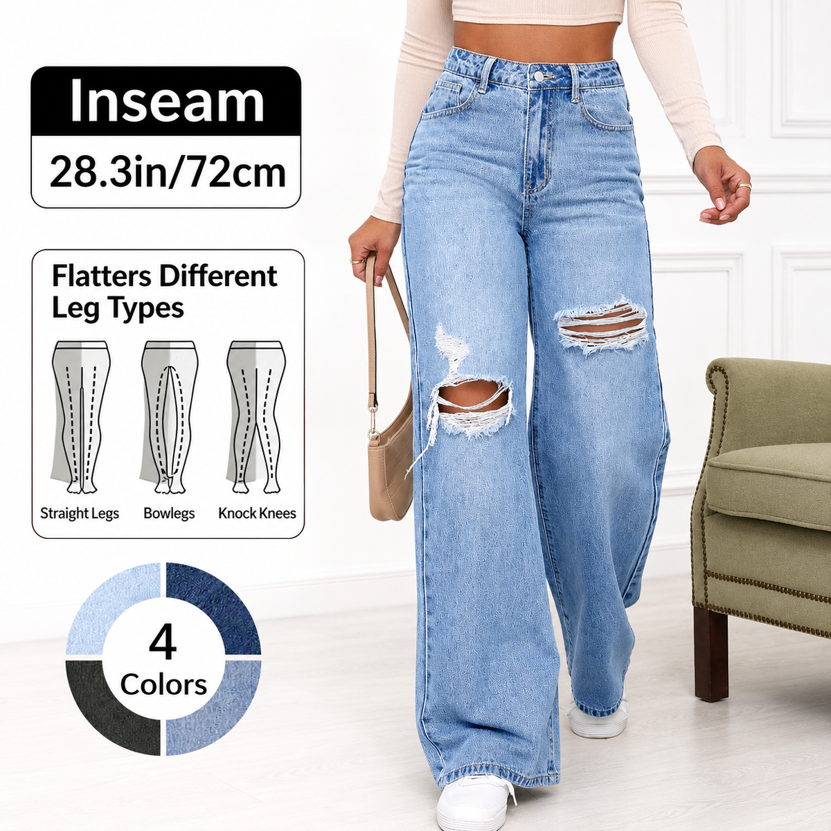 Women's High Rise Ripped Wide Leg Jeans