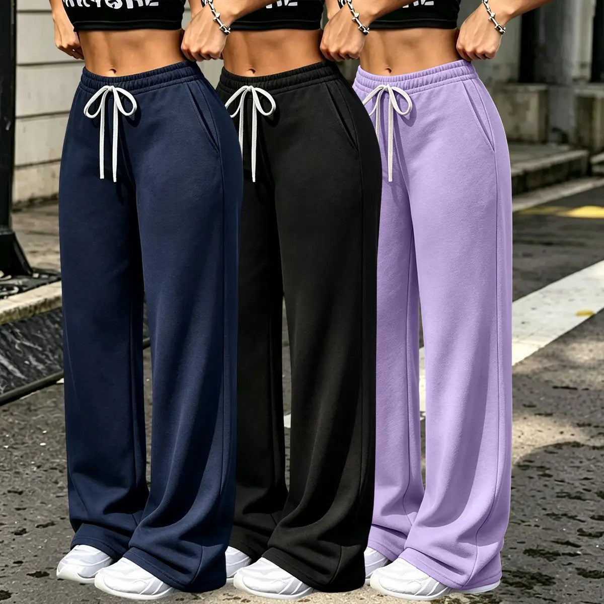 Women's Fleece-Lined Wide Leg Pants – Drawstring Waist Casual Bottoms with Pockets