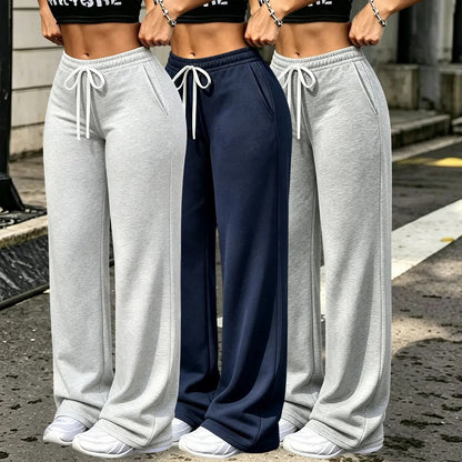 Women's Fleece-Lined Wide Leg Pants – Drawstring Waist Casual Bottoms with Pockets
