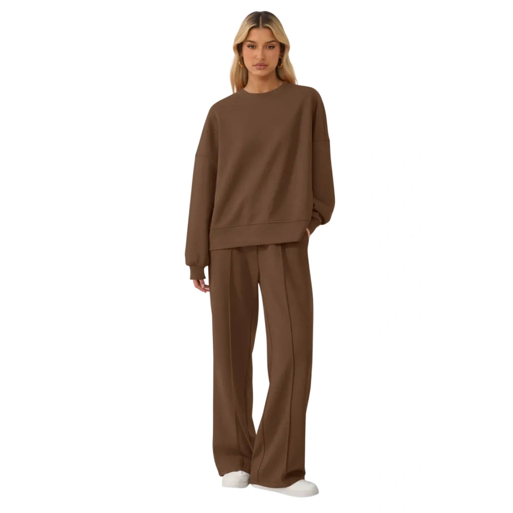 Women's Cozy Round Neck Top & Wide Leg Trousers Two Piece Outfits