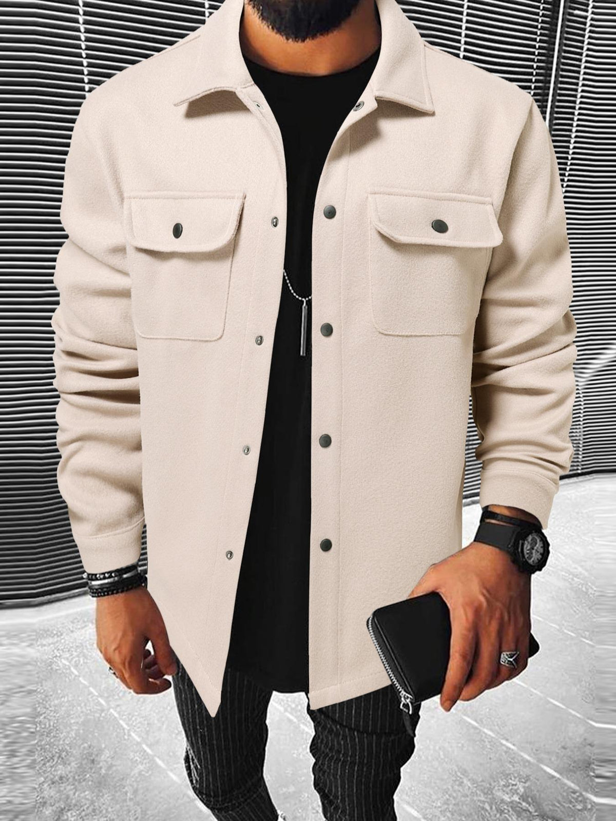 Men's Button Front Pocket Jacket, Casual Collared Long Sleeve Outerwear for Fall & Winter