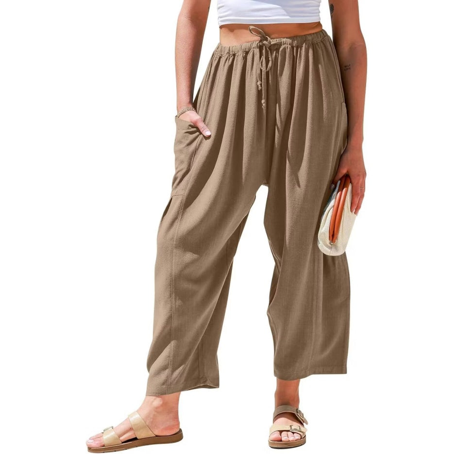Womens Linen Wide Leg Pants Casual Loose Drawstring Low Waist Beach Palazzo Harem Pants with Pockets