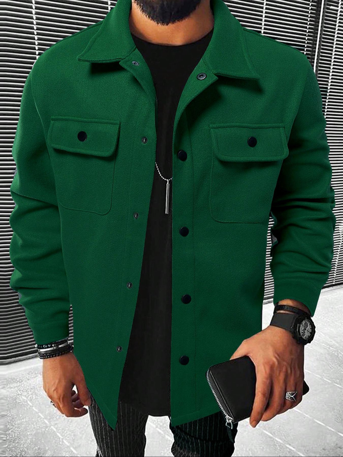 Men's Button Front Pocket Jacket, Casual Collared Long Sleeve Outerwear for Fall & Winter