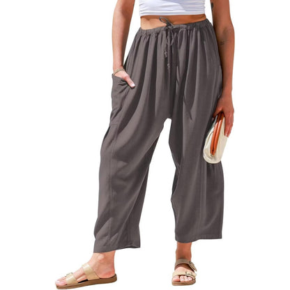 Womens Linen Wide Leg Pants Casual Loose Drawstring Low Waist Beach Palazzo Harem Pants with Pockets