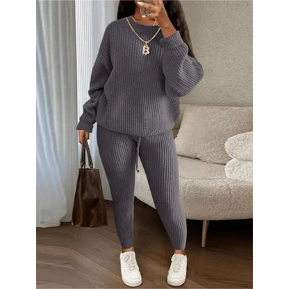 Women's Solid Drop Shoulder Long Sleeve Sweater & Drawstring Waist Pants Set