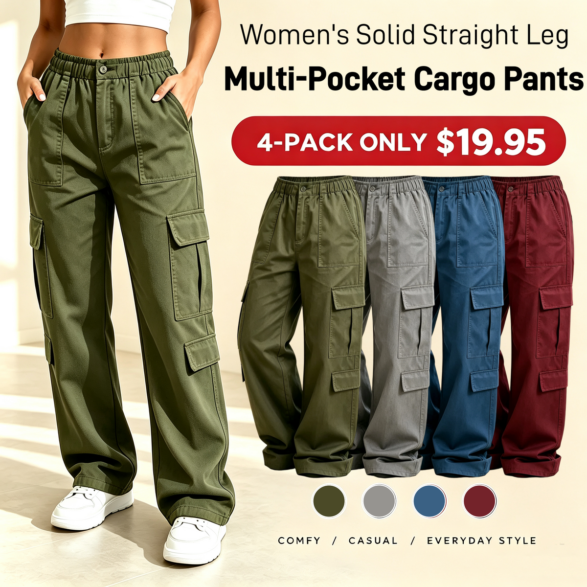 💚LAST DAY SALE|Women's Solid Straight Multi-Pocket Cargo Pants