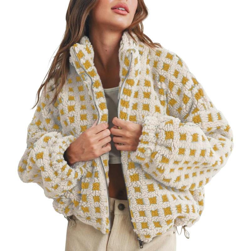 Women Winter Fleece Jacket Plaid Fleece Warm Coat Long-sleeve Zippered Sherpa Jacket with Pockets