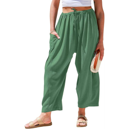 Womens Linen Wide Leg Pants Casual Loose Drawstring Low Waist Beach Palazzo Harem Pants with Pockets