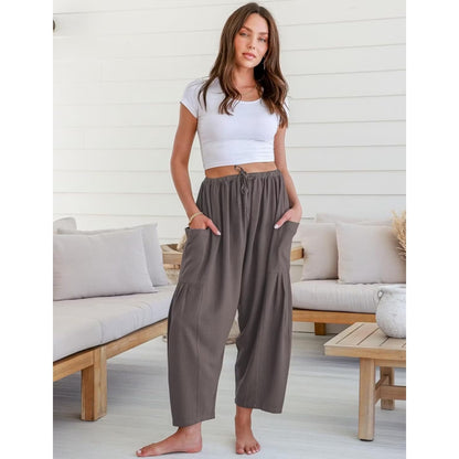 Womens Linen Wide Leg Pants Casual Loose Drawstring Low Waist Beach Palazzo Harem Pants with Pockets