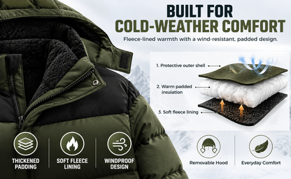Men's Winter Coat Hooded Fleece Lined Color Block Jacket，Removable Hood, Windproof Padding
