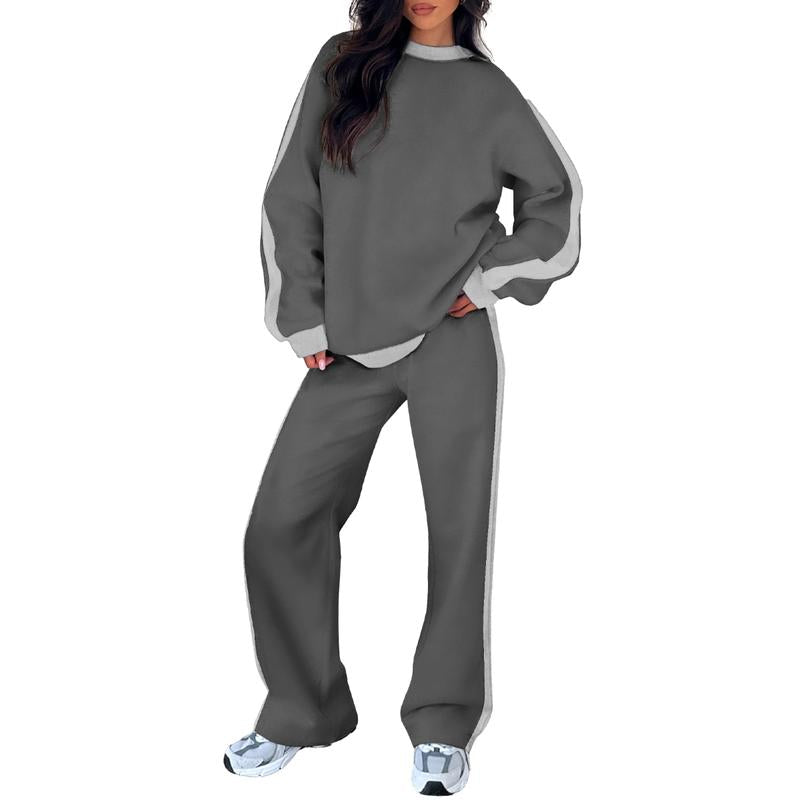 Women's 2-Piece Thermal Fleece Blend Gym Set - Crewneck Drop Shoulder Sweatshirt