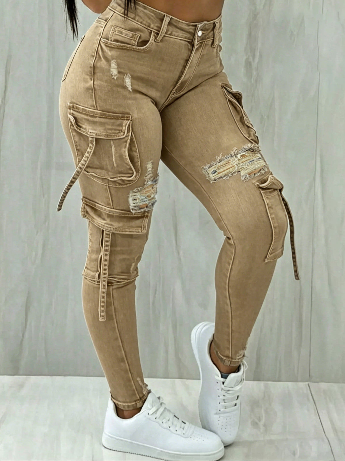 Y2K Womenswear Streetwear Multi-pocket Cropped Work Stretchy Skinny Cargo Denim Jeans Pants