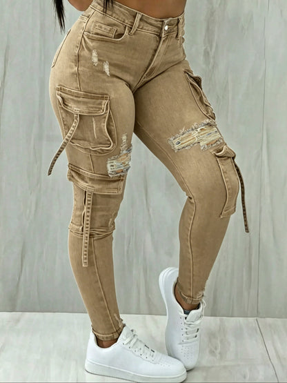 Y2K Womenswear Streetwear Multi-pocket Cropped Work Stretchy Skinny Cargo Denim Jeans Pants