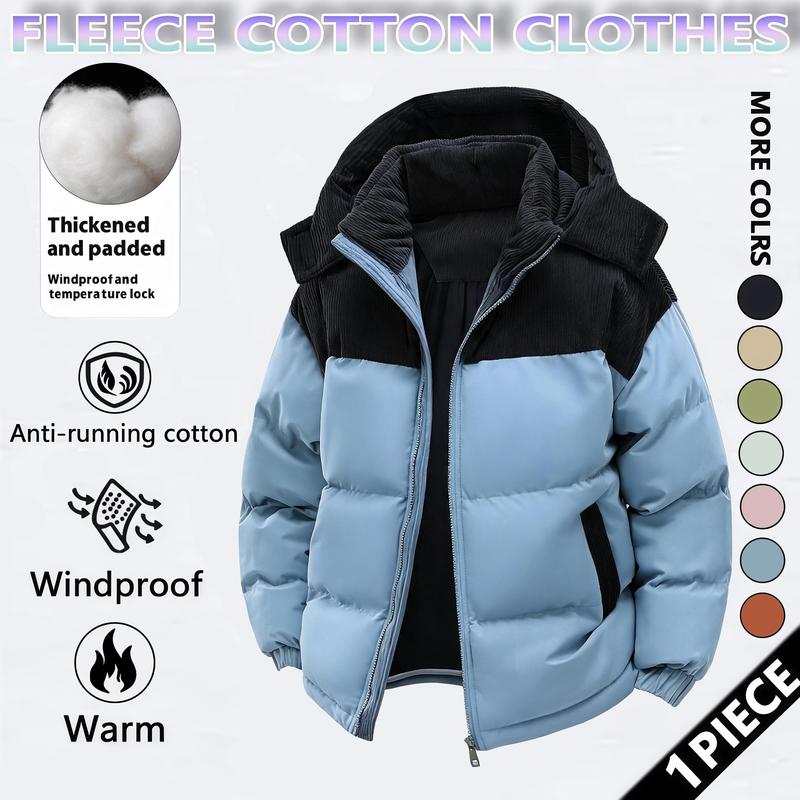 Men's Winter Coat Hooded Fleece Lined Color Block Jacket，Removable Hood, Windproof Padding