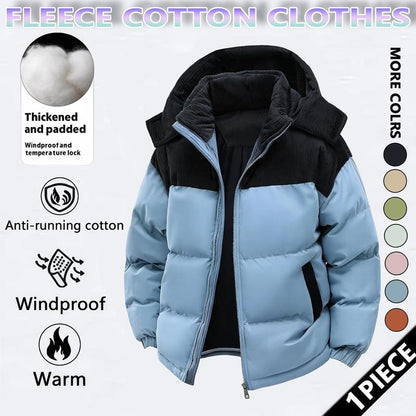 Men's Winter Coat Hooded Fleece Lined Color Block Jacket，Removable Hood, Windproof Padding