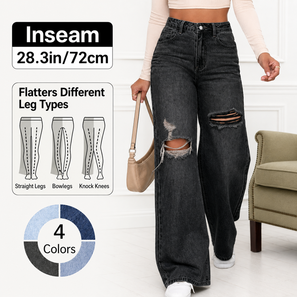 Women's High Rise Ripped Wide Leg Jeans