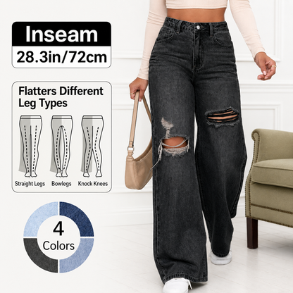 Women's High Rise Ripped Wide Leg Jeans