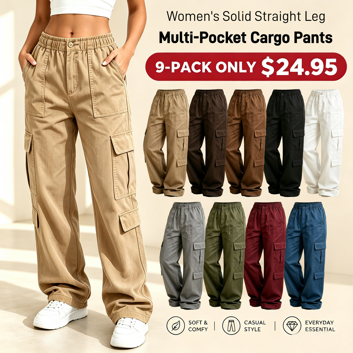 💚LAST DAY SALE|Women's Solid Straight Multi-Pocket Cargo Pants