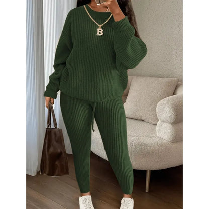 Women's Solid Drop Shoulder Long Sleeve Sweater & Drawstring Waist Pants Set