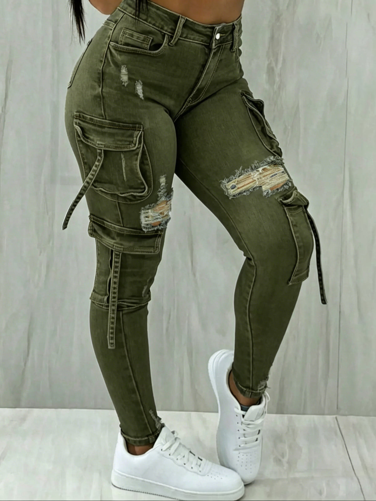 Y2K Womenswear Streetwear Multi-pocket Cropped Work Stretchy Skinny Cargo Denim Jeans Pants