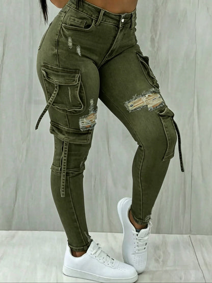 Y2K Womenswear Streetwear Multi-pocket Cropped Work Stretchy Skinny Cargo Denim Jeans Pants