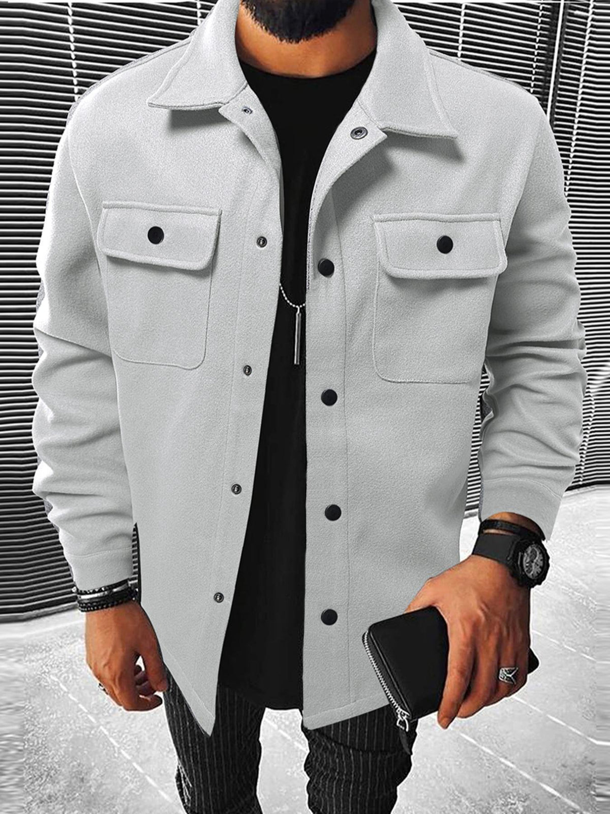 Men's Button Front Pocket Jacket, Casual Collared Long Sleeve Outerwear for Fall & Winter