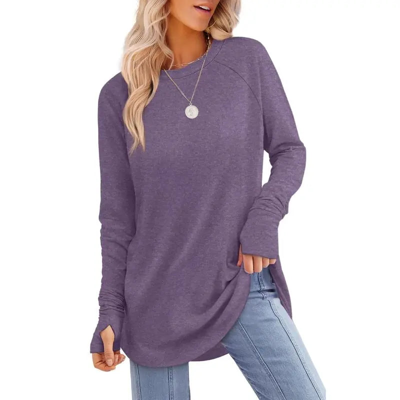 Women's Casual Long Sleeve Tops Crew Neck Round Hem Loose T-Shirts Tunic Tops with Thumb Holes