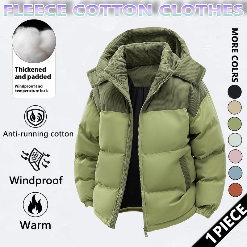 Men's Winter Coat Hooded Fleece Lined Color Block Jacket，Removable Hood, Windproof Padding