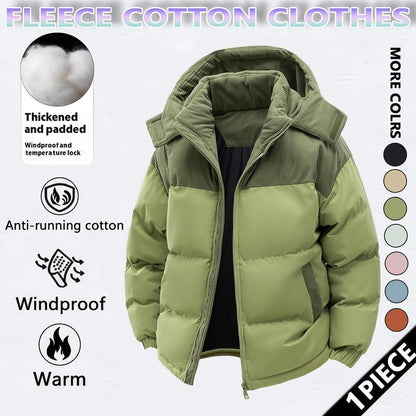 Men's Winter Coat Hooded Fleece Lined Color Block Jacket，Removable Hood, Windproof Padding