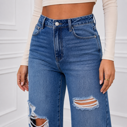 Women's High Rise Ripped Wide Leg Jeans