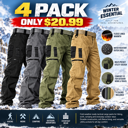 Men's Fleece Lined Work Pants, Warm Windproof Tactical Cargo Pants with Multi-Pockets