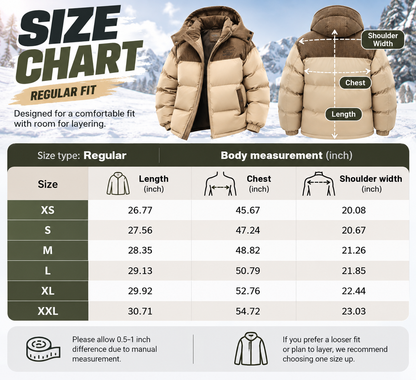 Men's Winter Coat Hooded Fleece Lined Color Block Jacket，Removable Hood, Windproof Padding