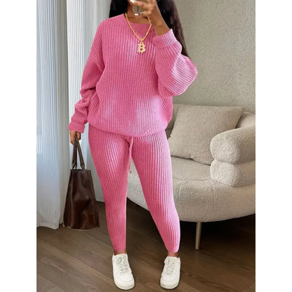 Women's Solid Drop Shoulder Long Sleeve Sweater & Drawstring Waist Pants Set