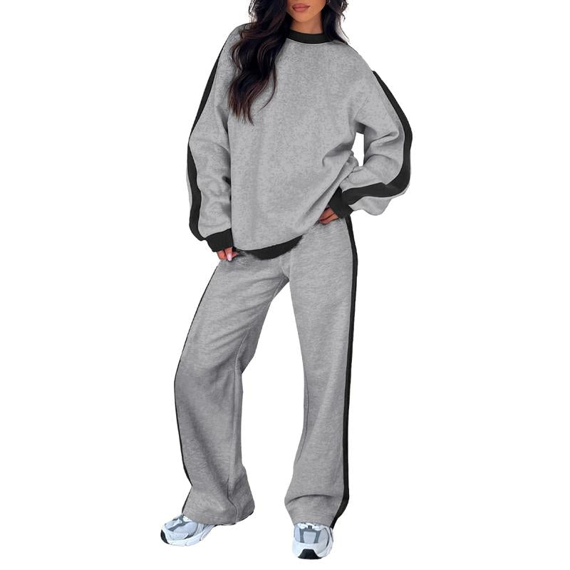 Women's 2-Piece Thermal Fleece Blend Gym Set - Crewneck Drop Shoulder Sweatshirt