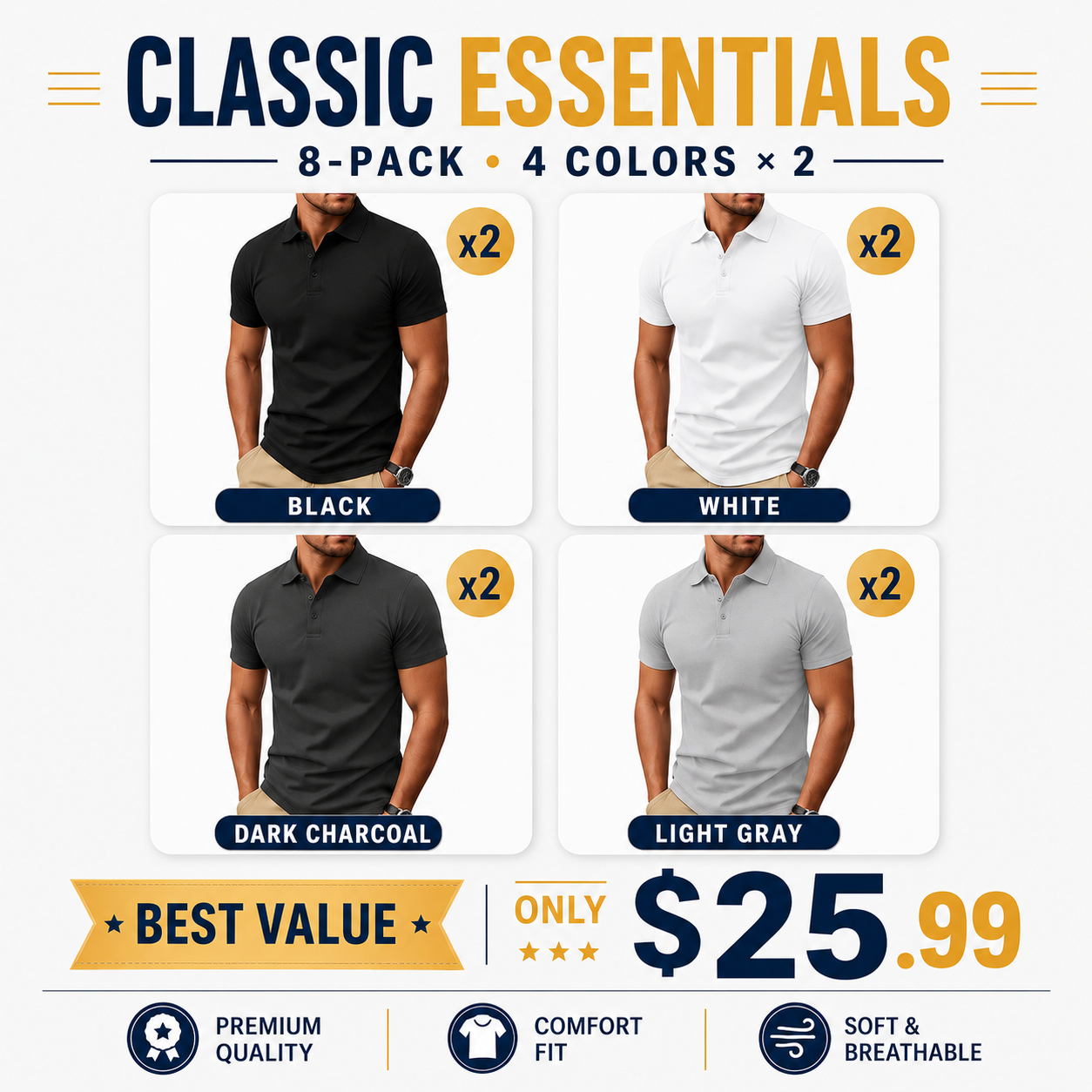 Men's Polo Shirt, Short Sleeve, Soft Cotton Piqué T-Shirt, Three-Button Classic Fit, Casual High-Performance Golf Shirt