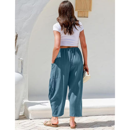 Womens Linen Wide Leg Pants Casual Loose Drawstring Low Waist Beach Palazzo Harem Pants with Pockets