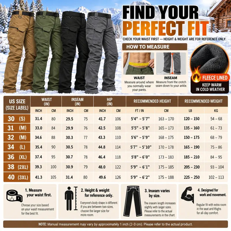 Men's Fleece-Lined Tactical Cargo Pants, Windproof Warm Work Pants with Multi-Pockets