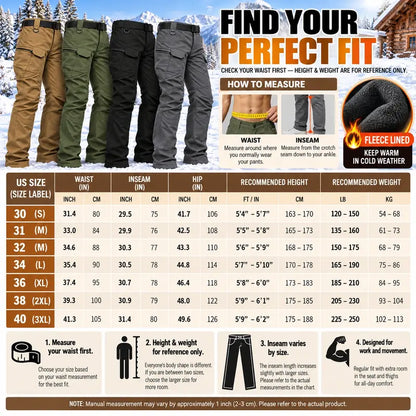 Men's Fleece-Lined Tactical Cargo Pants, Windproof Warm Work Pants with Multi-Pockets