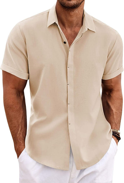 Men's Linen Shirts Short Sleeve Casual Shirts Button Down Shirt for Men Beach Summer Wedding Shirt