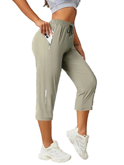 Women's Capris Pants - Loose Fit, Summer Drawstring Waist, Zippered Pockets, Breathable High-Stretch Fabric, Suitable for Everyday Wear