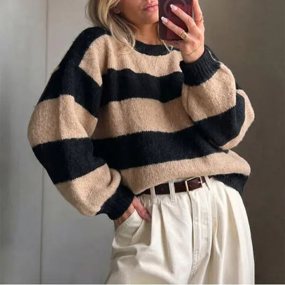 Retro Color Block Stripe Sweater, Oversized Knit Top