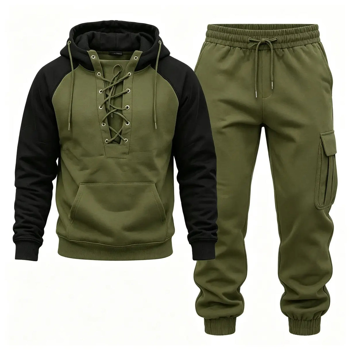 Men's 2-Piece Casual Tracksuit Set with Lace-Up Hoodie and Cargo Jogger Pants