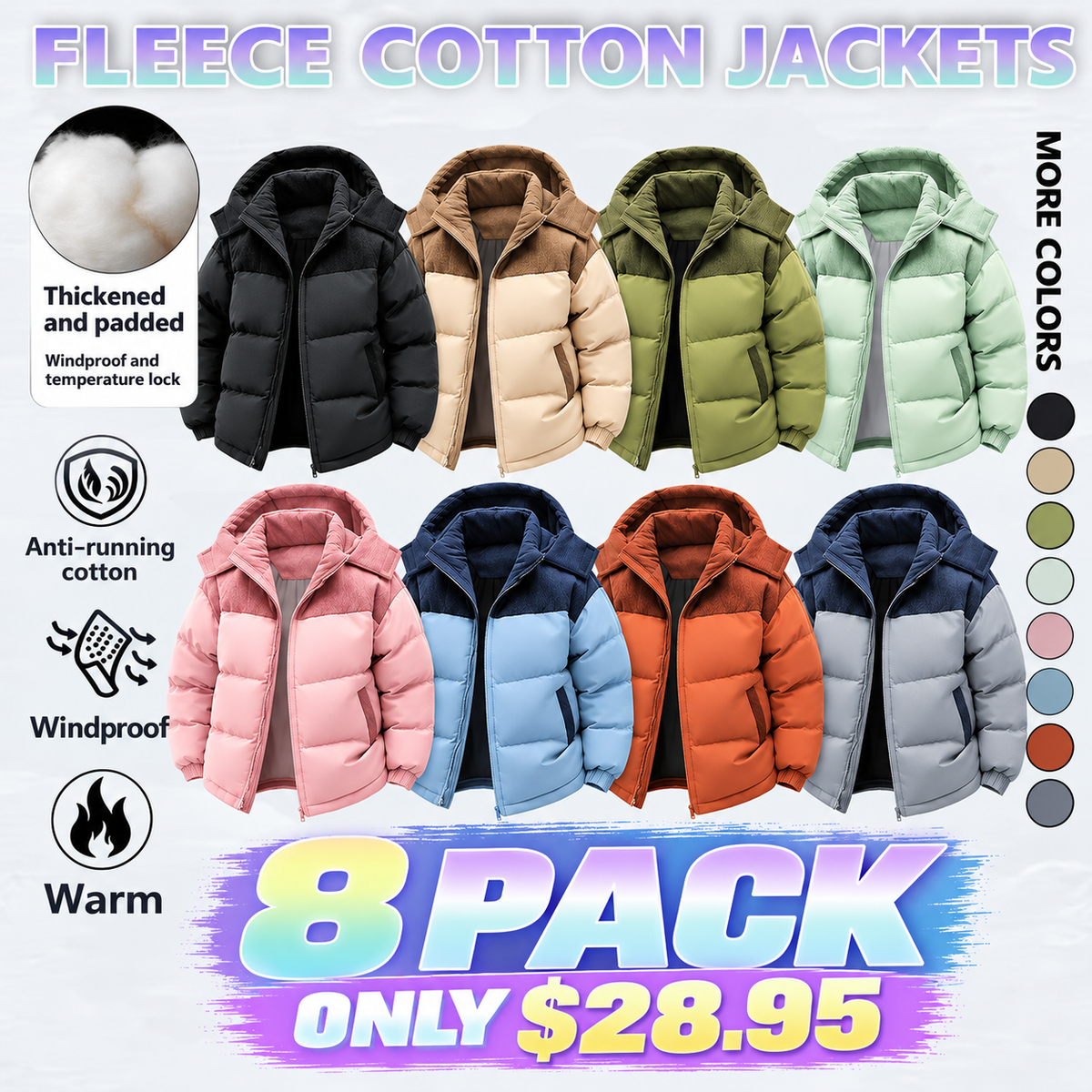 Men's Winter Coat Hooded Fleece Lined Color Block Jacket，Removable Hood, Windproof Padding