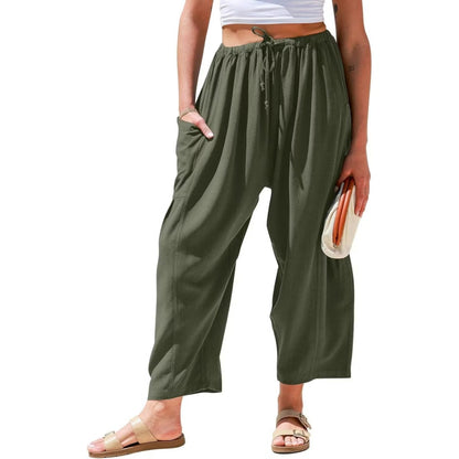 Womens Linen Wide Leg Pants Casual Loose Drawstring Low Waist Beach Palazzo Harem Pants with Pockets