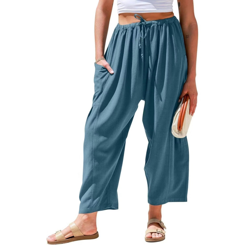 Womens Linen Wide Leg Pants Casual Loose Drawstring Low Waist Beach Palazzo Harem Pants with Pockets