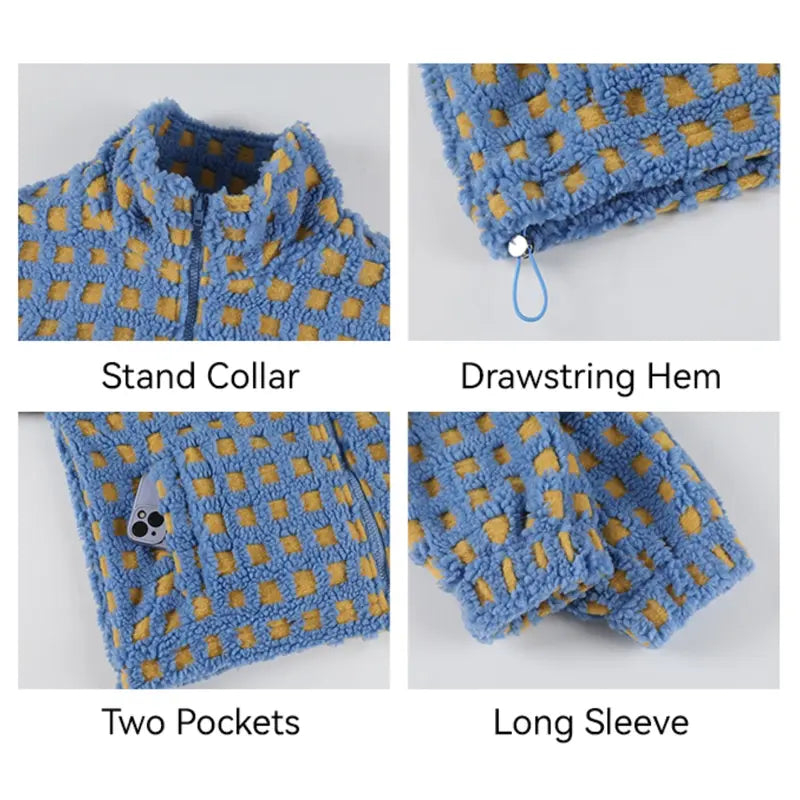 Women Winter Fleece Jacket Plaid Fleece Warm Coat Long-sleeve Zippered Sherpa Jacket with Pockets