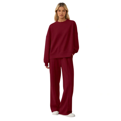 Women's Cozy Round Neck Top & Wide Leg Trousers Two Piece Outfits