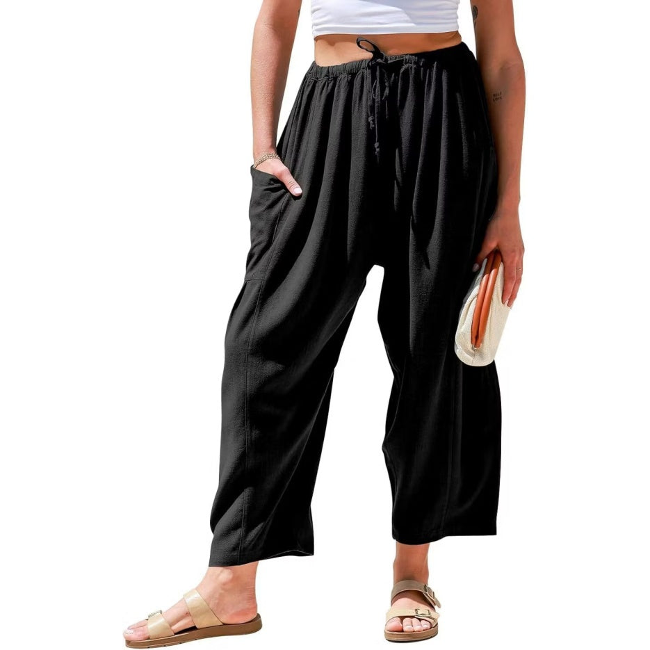 Womens Linen Wide Leg Pants Casual Loose Drawstring Low Waist Beach Palazzo Harem Pants with Pockets